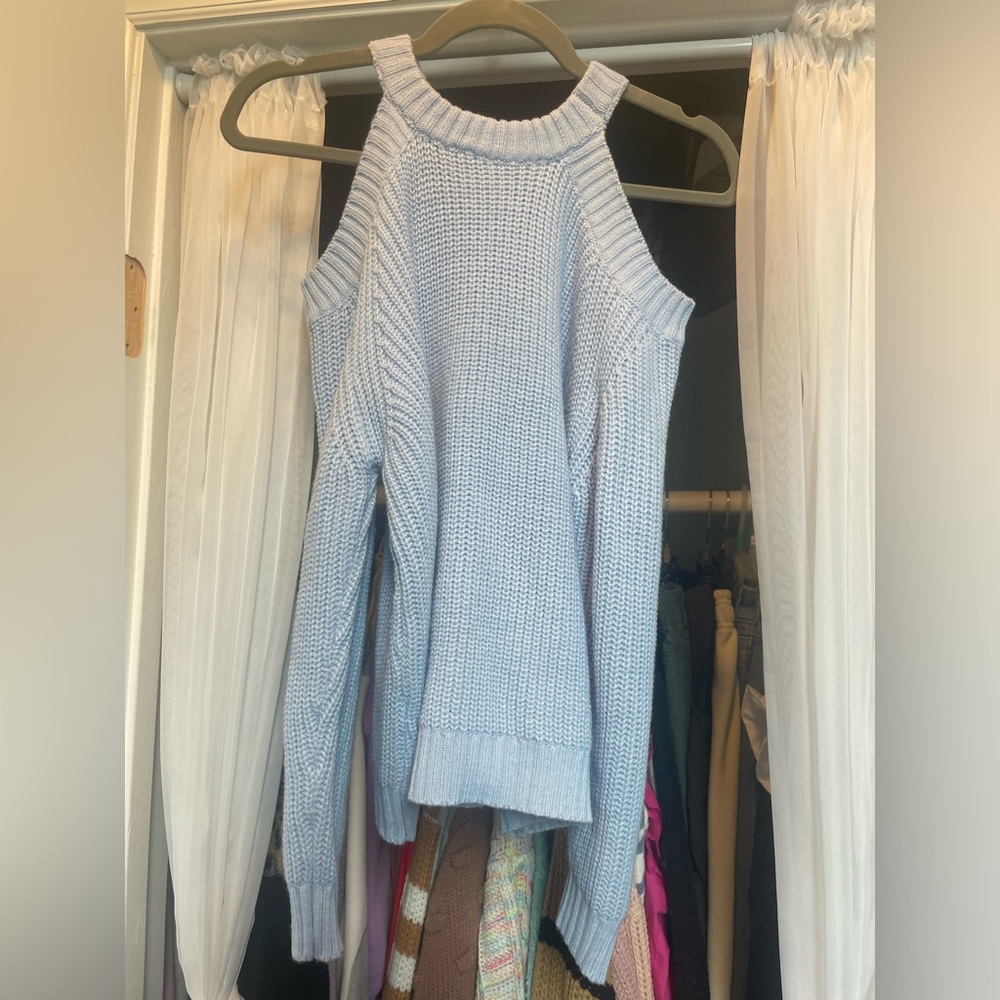 Baby blue sweater, cold shoulder, cute, high neck line, medium